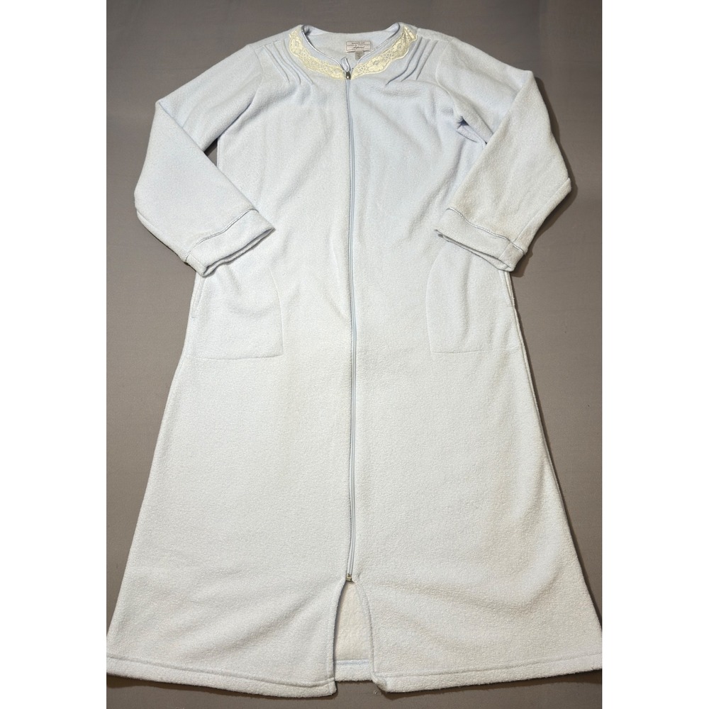 Womens Carol Hochman Soft Fleece Full Zip‎ Robe Duster M Medium Blue Lace Collar